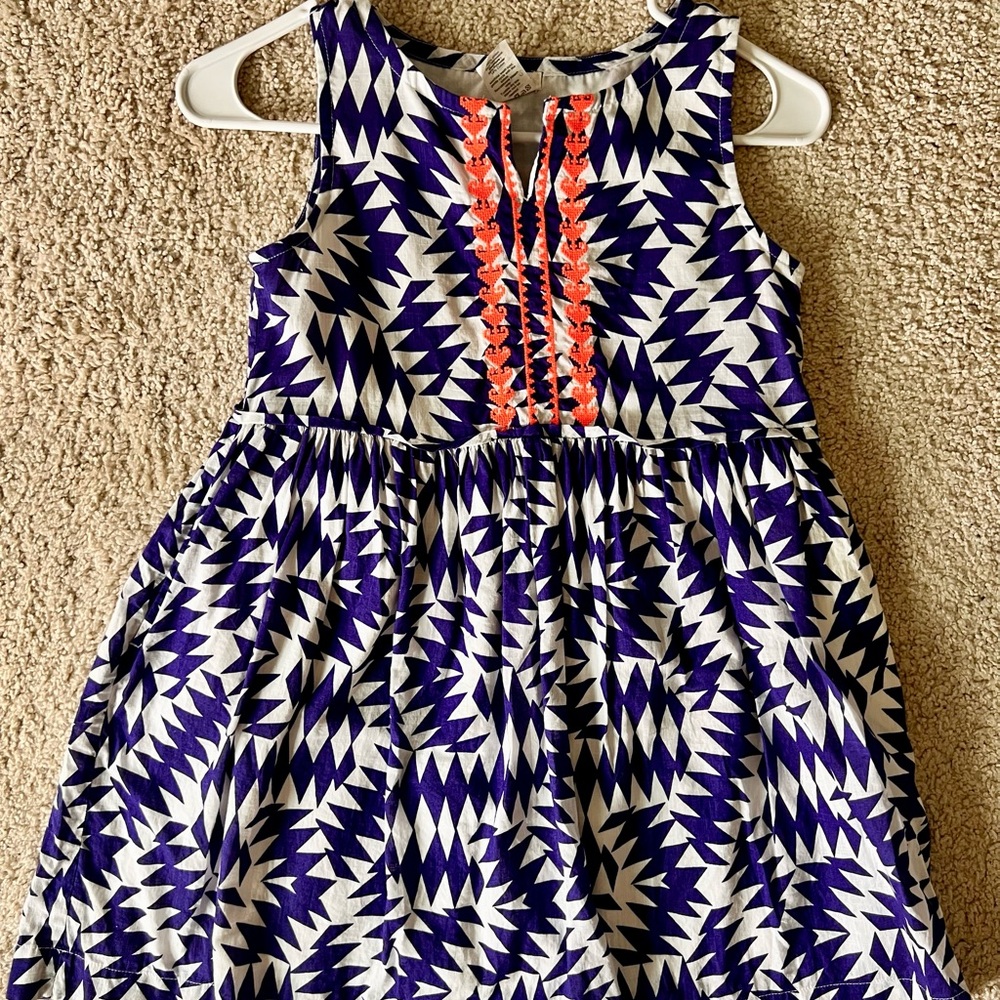 Crewcuts Navy and White Geometric Sleeveless Dress with Coral Embroidery